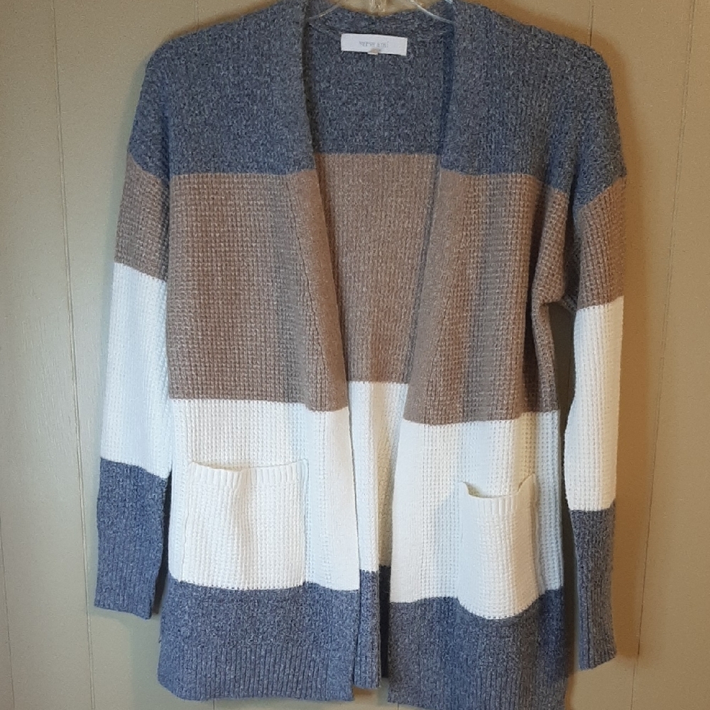 Verve Ami Women's M 3 Tone Gray Tan And White Open Front Cardigan Sweater